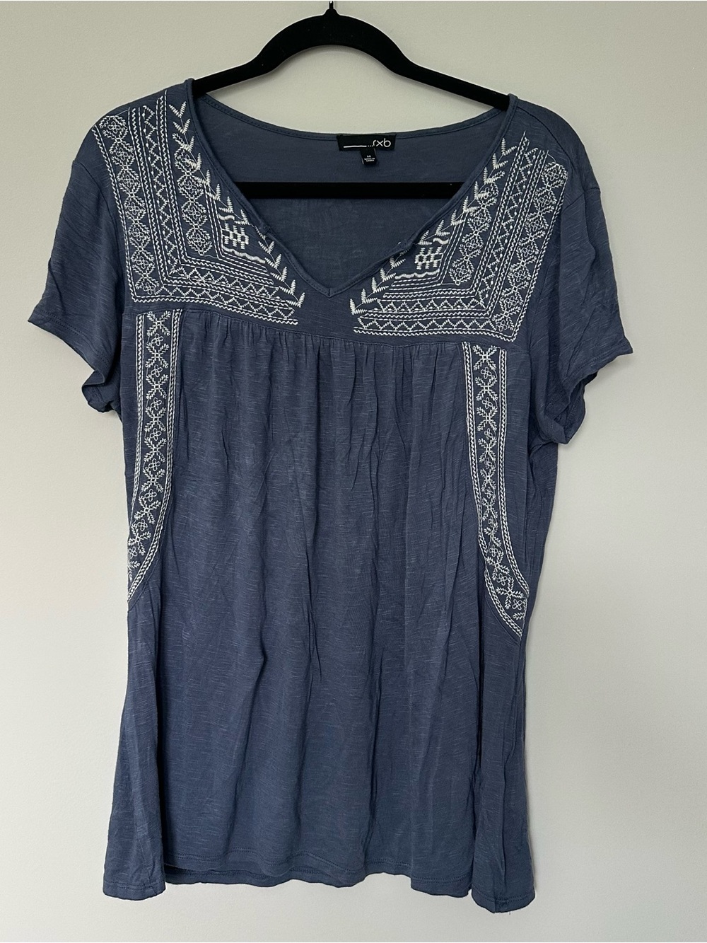 Rxb Blue Embroidered V Neck Top Blouse M Boho Peasant Short Sleeve Cottagecore